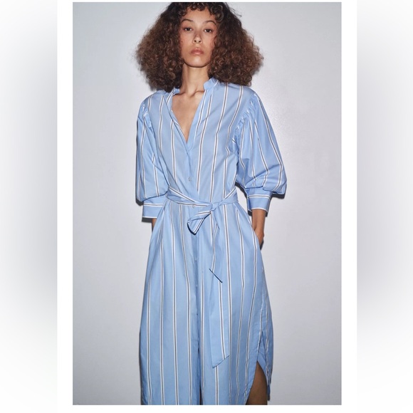 Zara Light Blue Striped Midi Dress - Picture 2 of 9